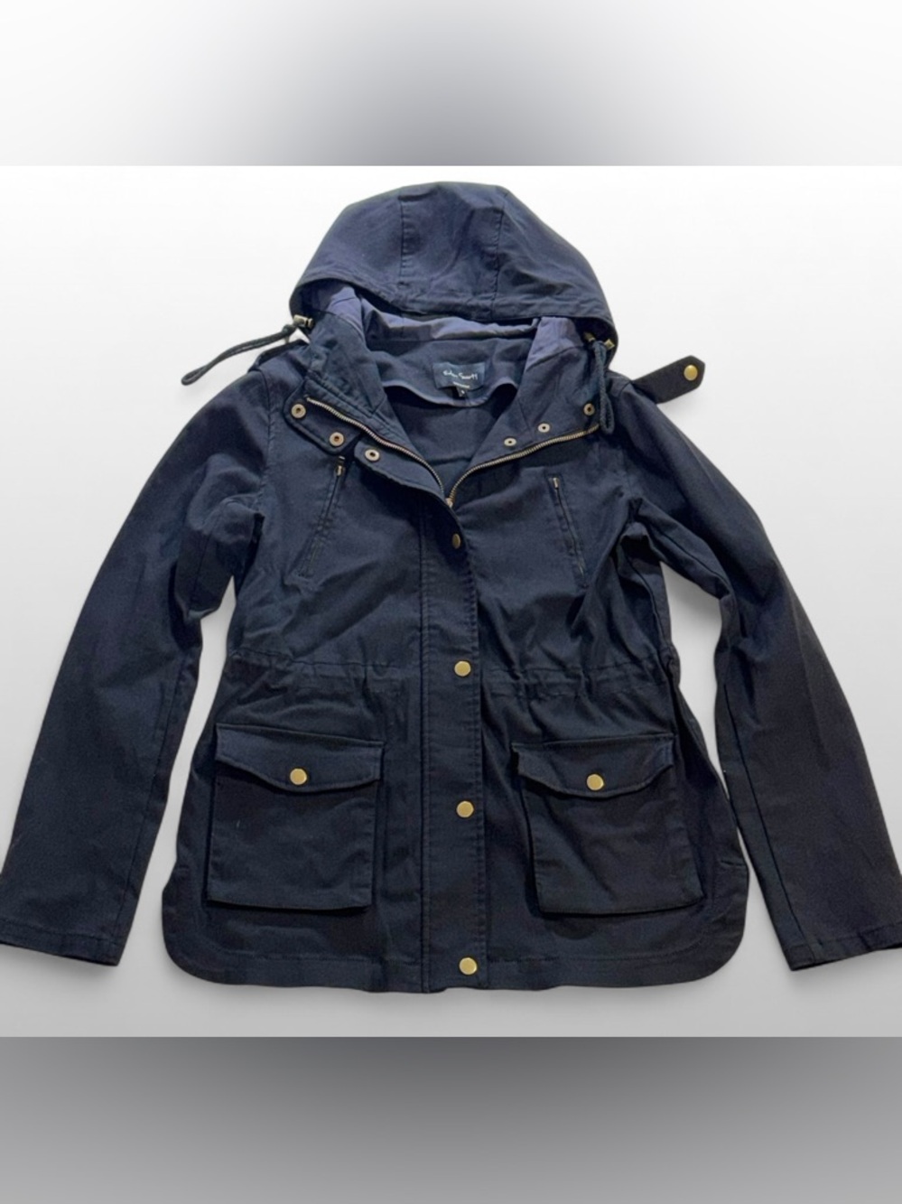 Eden Society Navy Utility Jacket Small Hooded Anorak Lightweight Gold Snap Zip